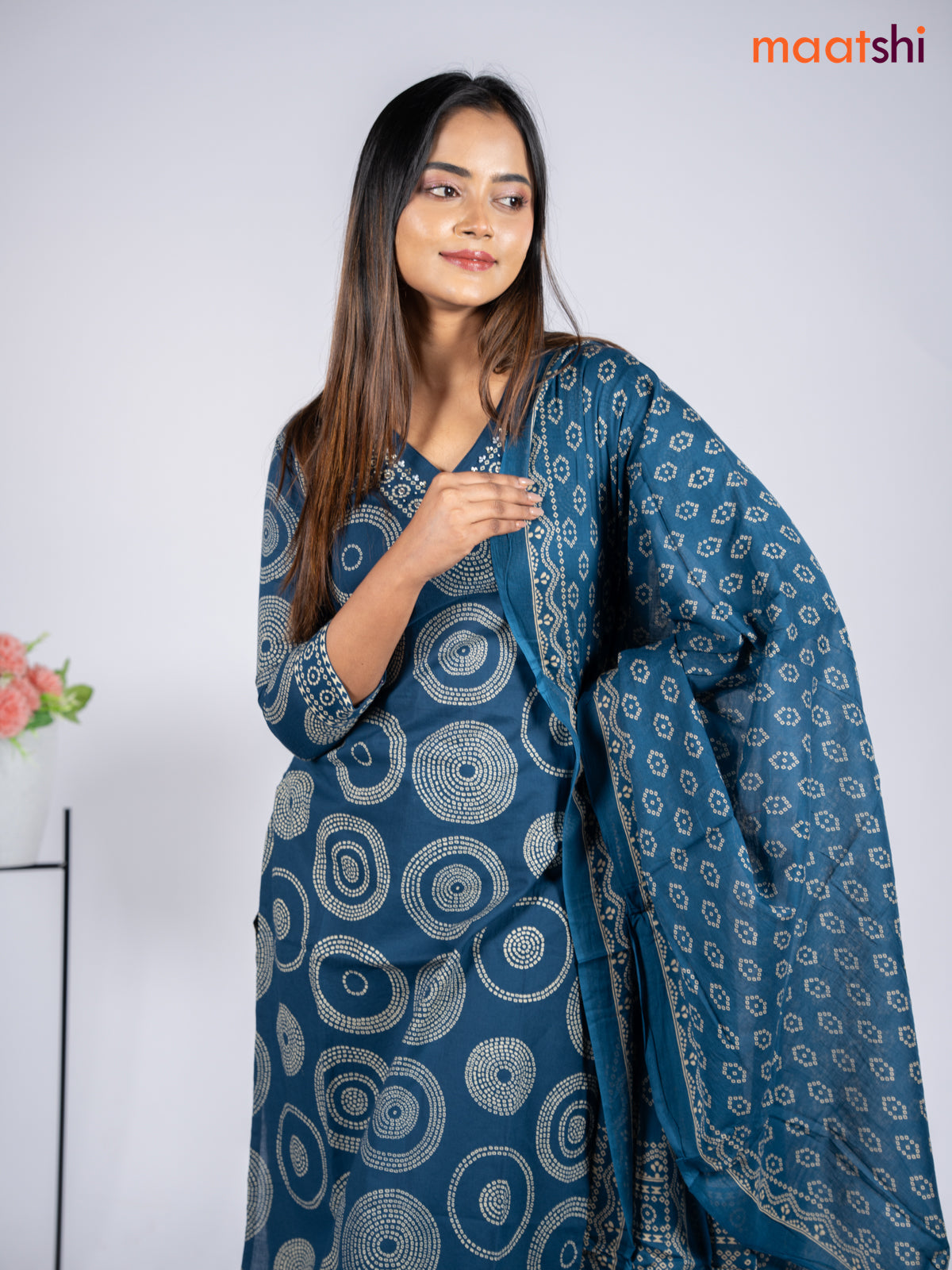Cotton salwar suit peacock blue with allover bandhani prints & sequin beaded work v neck pattern and straight cut pant & dupatta