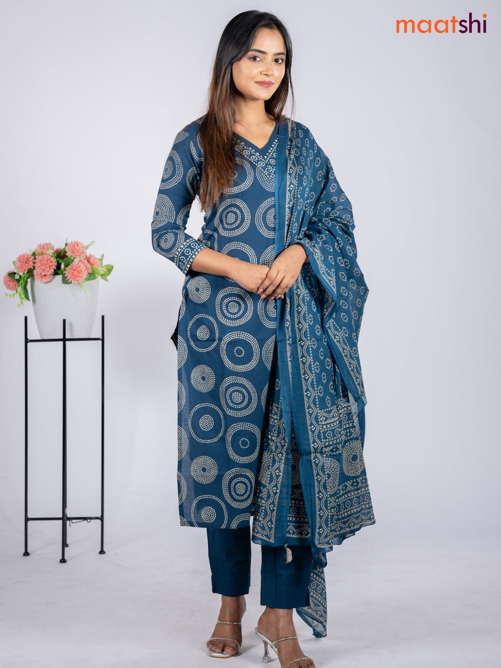 Cotton salwar suit peacock blue with allover bandhani prints & sequin beaded work v neck pattern and straight cut pant & dupatta