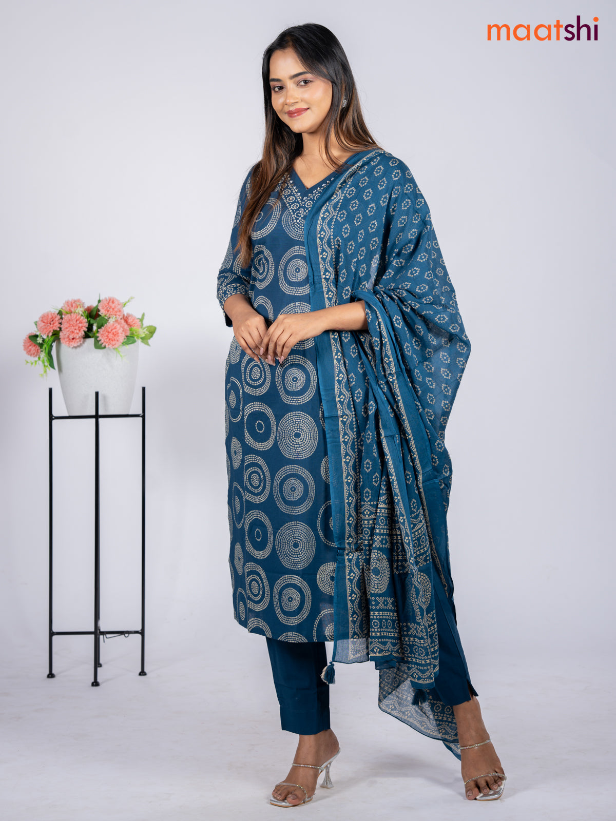 Cotton salwar suit peacock blue with allover bandhani prints & sequin beaded work v neck pattern and straight cut pant & dupatta