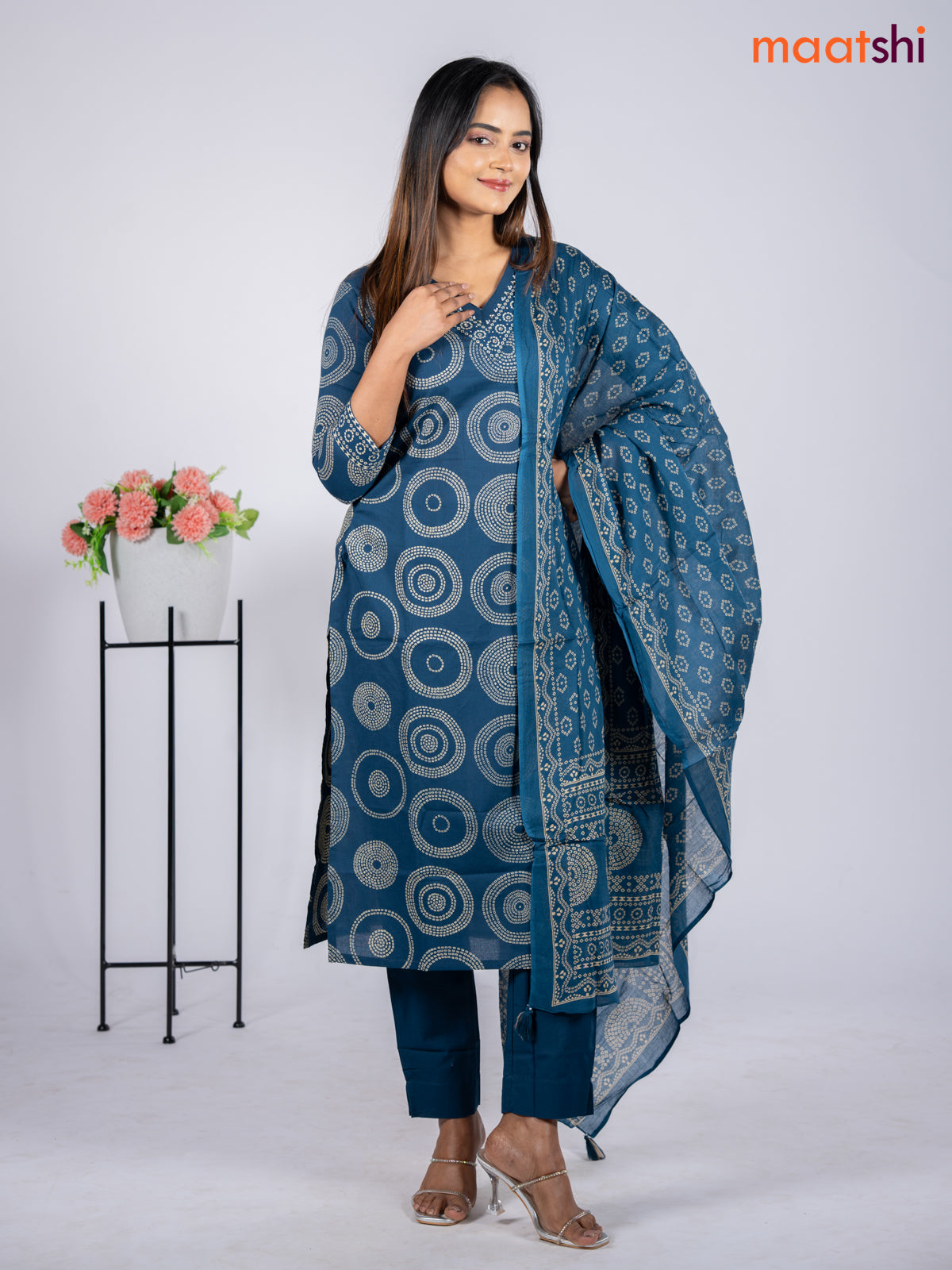 Cotton salwar suit peacock blue with allover bandhani prints & sequin beaded work v neck pattern and straight cut pant & dupatta