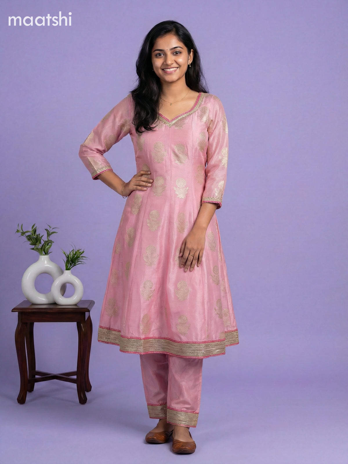 Baby Pink Art Tussar Banarasi Style Short Anarakali Suit