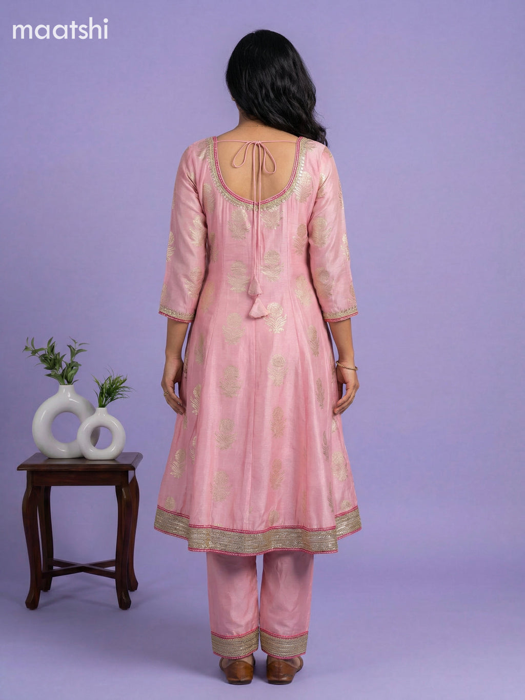 Baby Pink Art Tussar Banarasi Style Short Anarakali Suit