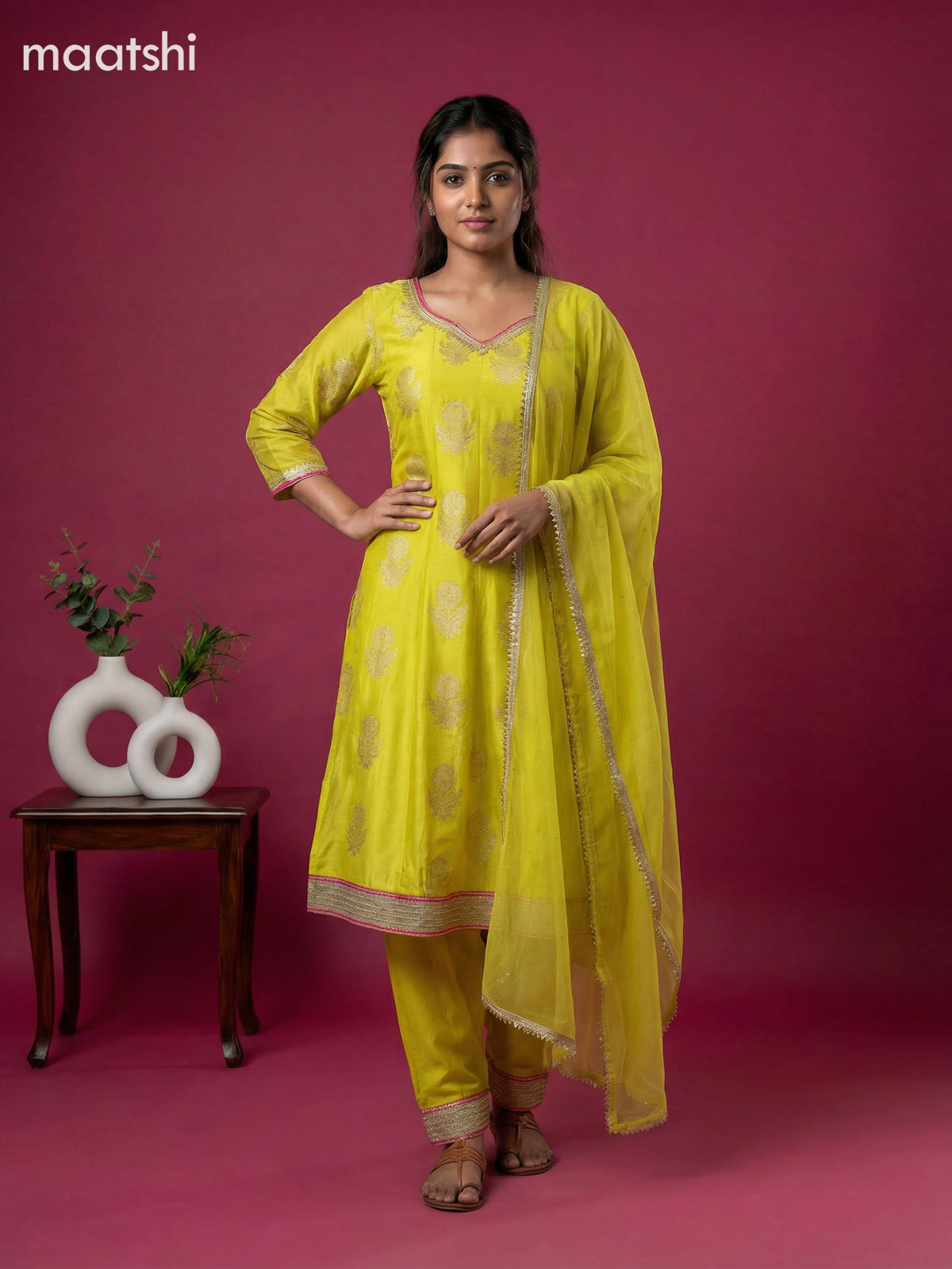 Lime Yellow Art Tussar Banarasi Style Short Anarakali Suit