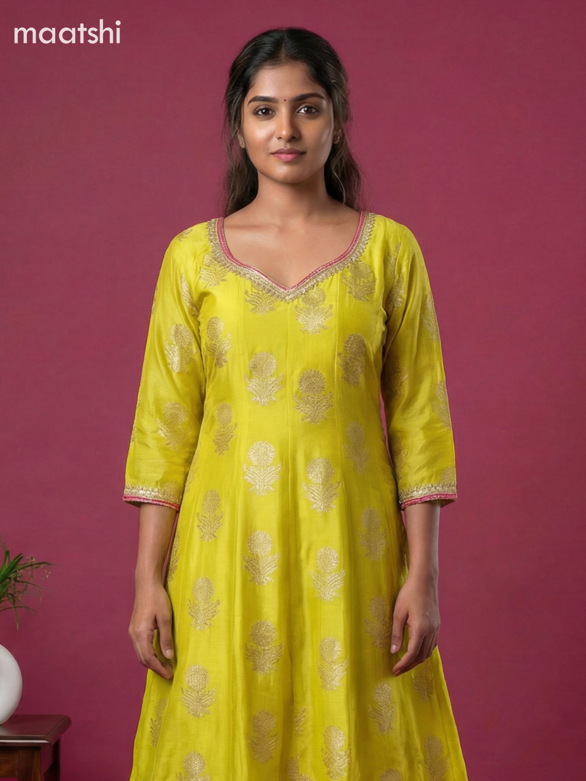 Lime Yellow Art Tussar Banarasi Style Short Anarakali Suit