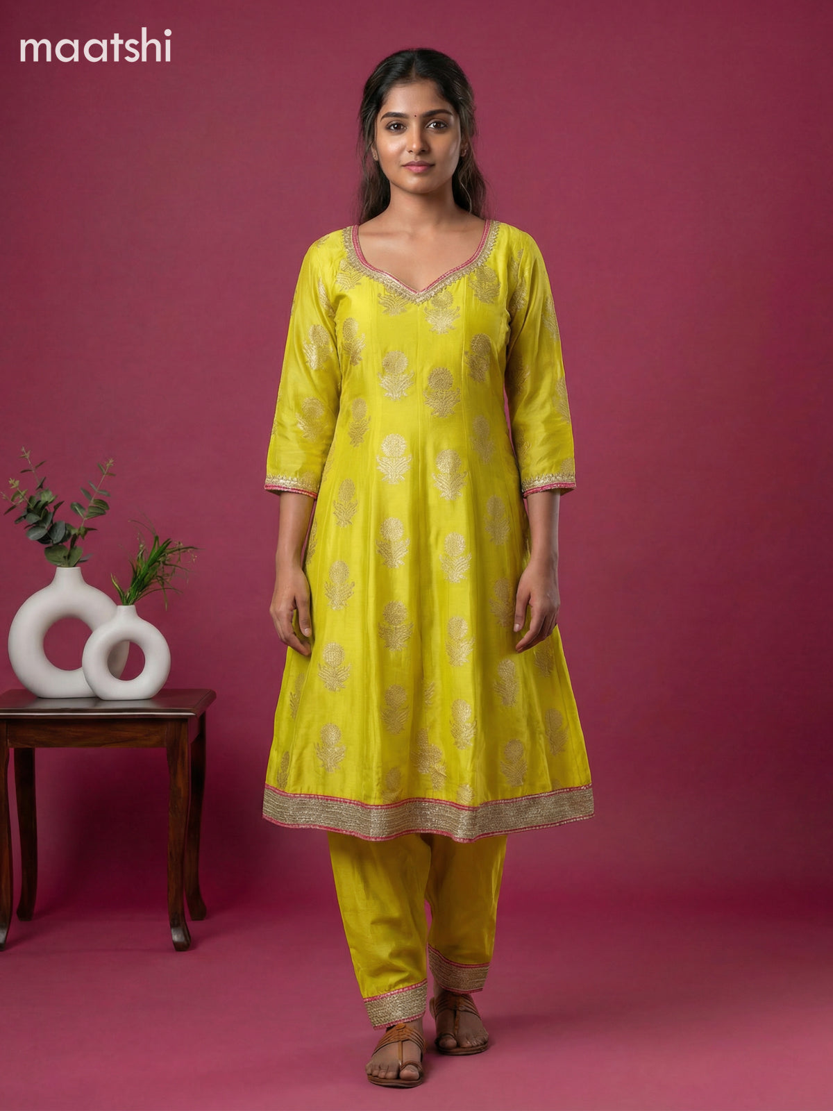 Lime Yellow Art Tussar Banarasi Style Short Anarakali Suit