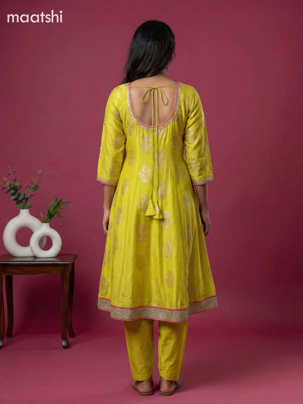 Lime Yellow Art Tussar Banarasi Style Short Anarakali Suit