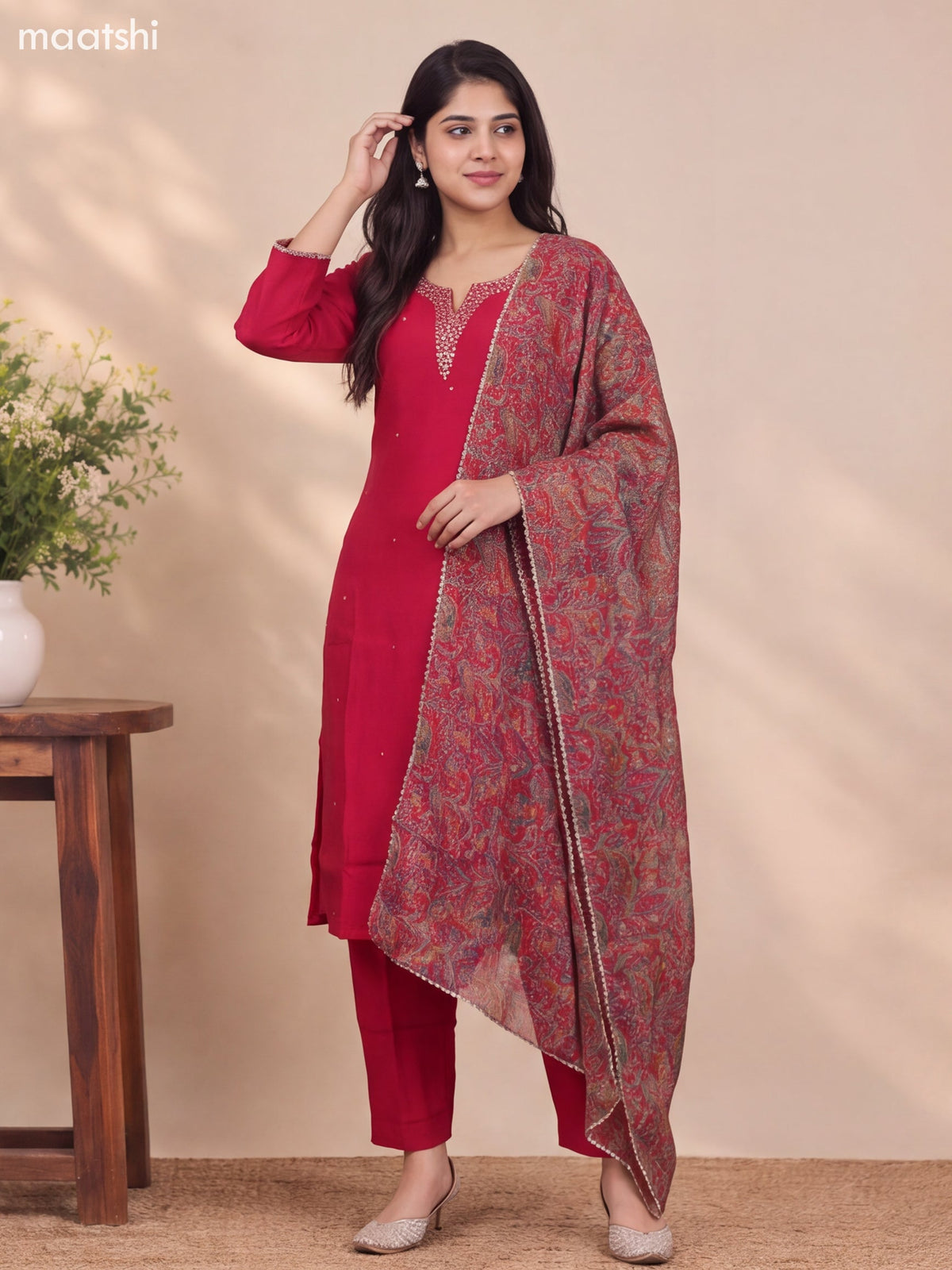 Dark Pink Mul Chanderi Embroidery Work Straight Suit