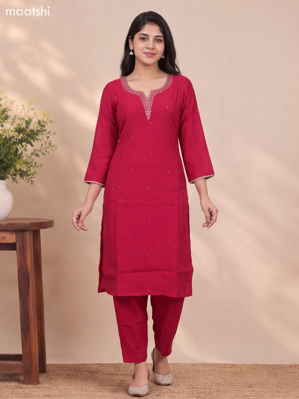 Dark Pink Mul Chanderi Embroidery Work Straight Suit