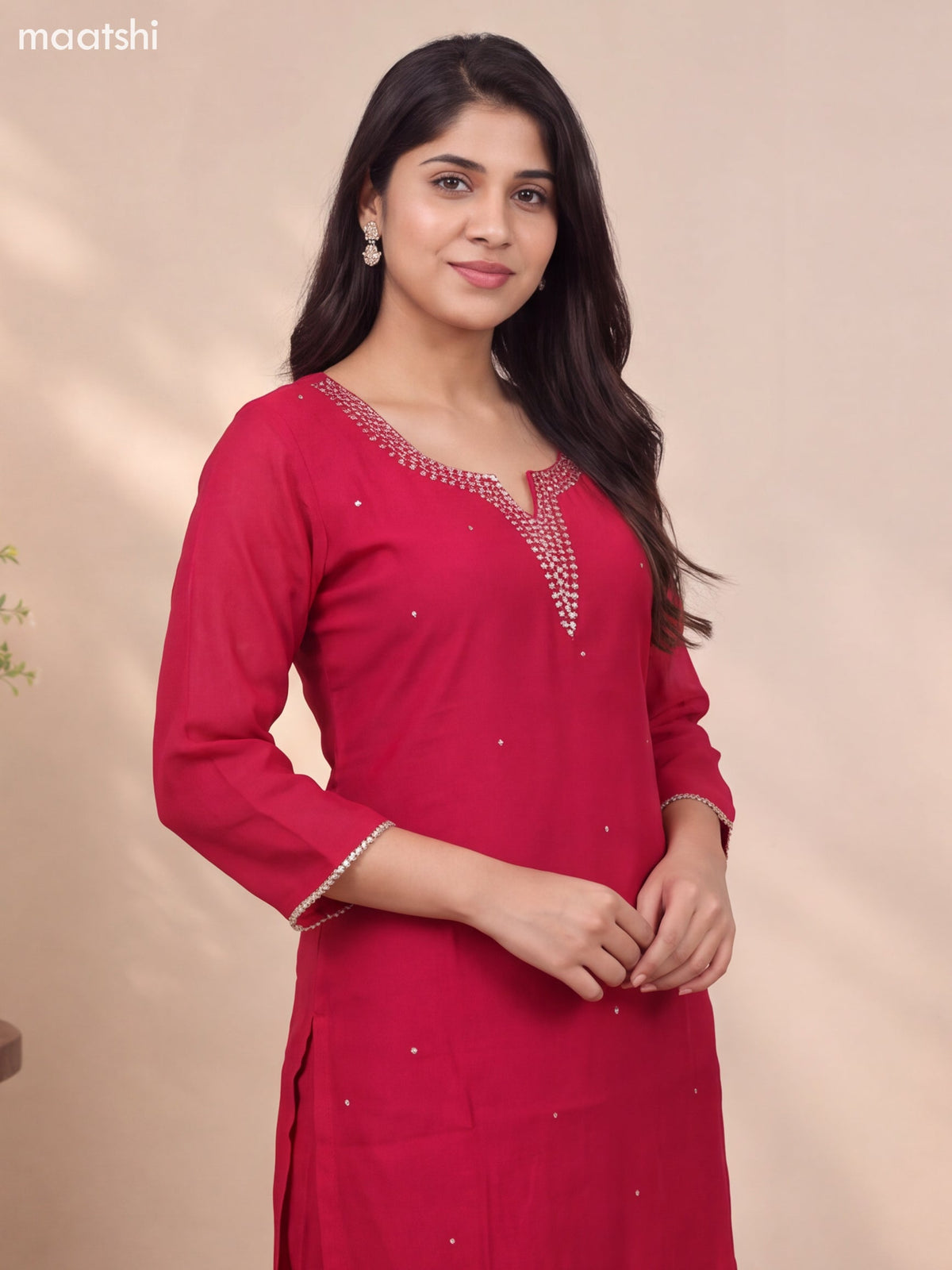 Dark Pink Mul Chanderi Embroidery Work Straight Suit