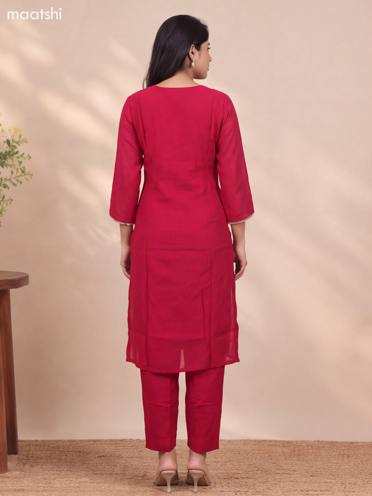 Dark Pink Mul Chanderi Embroidery Work Straight Suit
