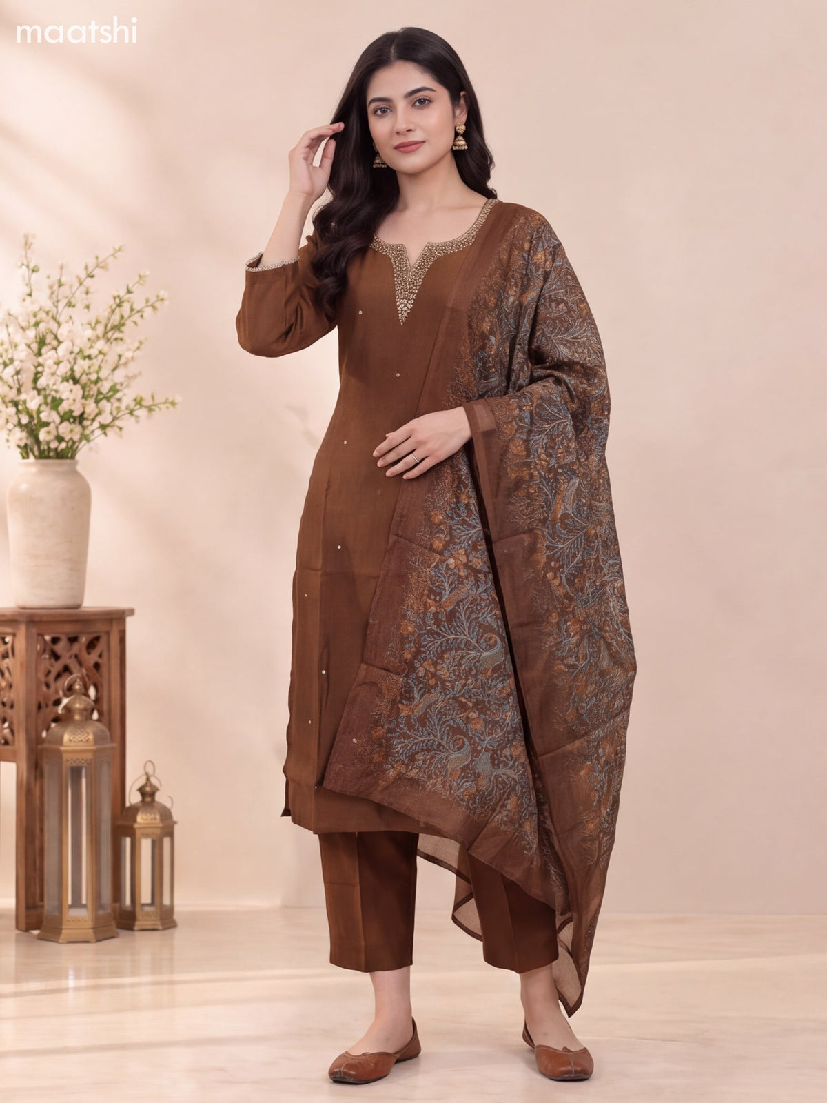 Brown Mul Chanderi Embroidery Work Straight Suit