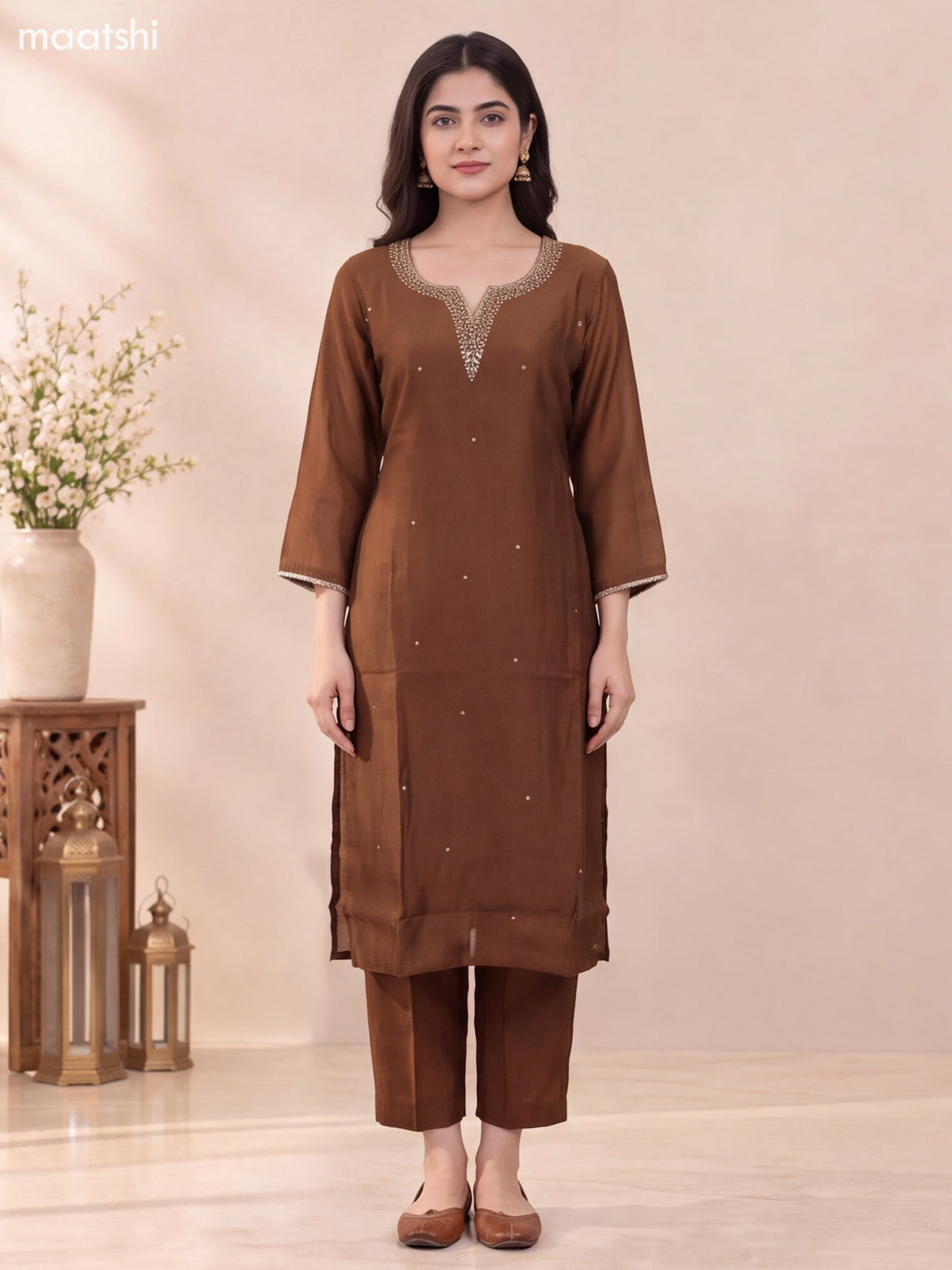 Brown Mul Chanderi Embroidery Work Straight Suit