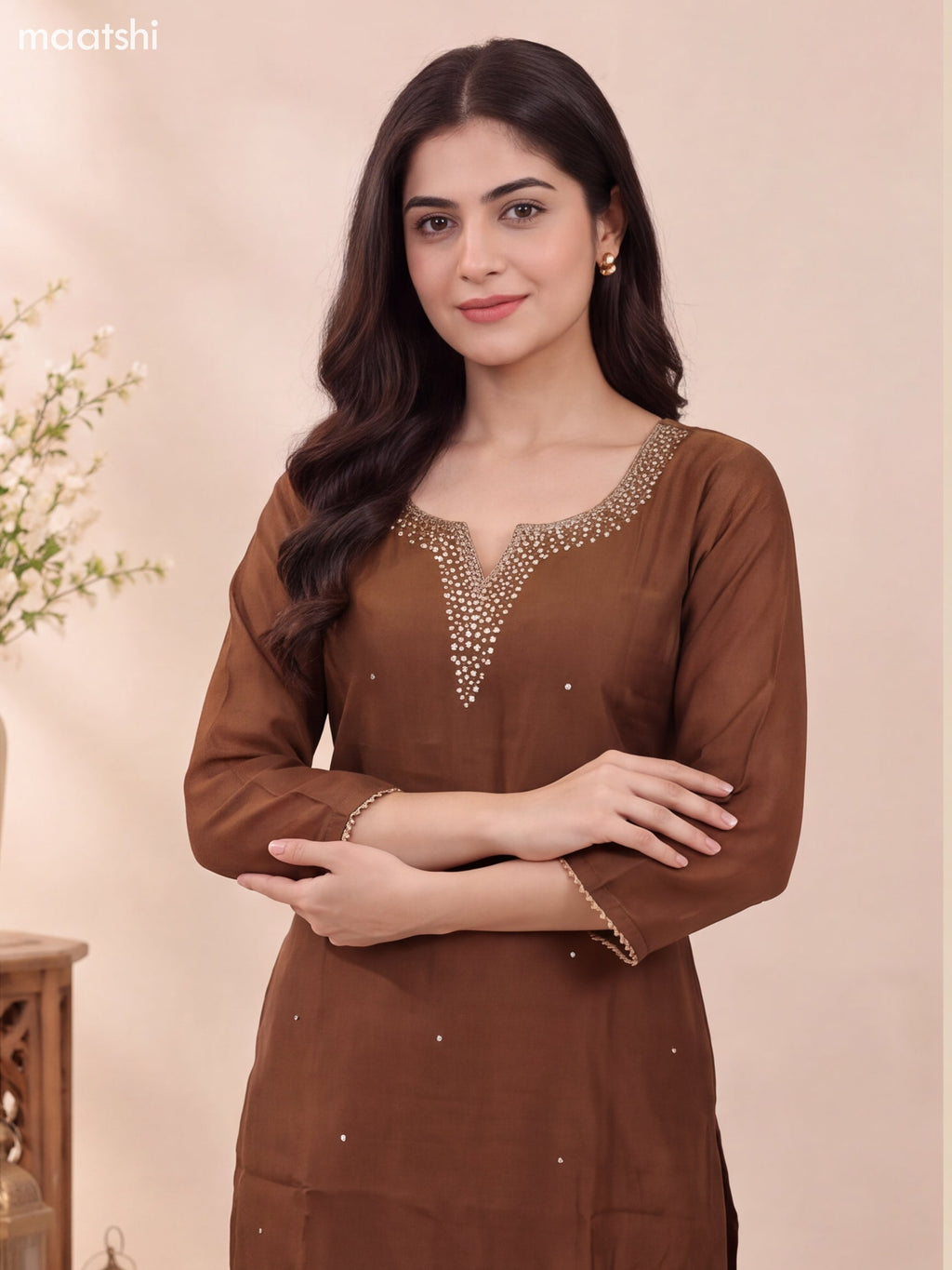 Brown Mul Chanderi Embroidery Work Straight Suit