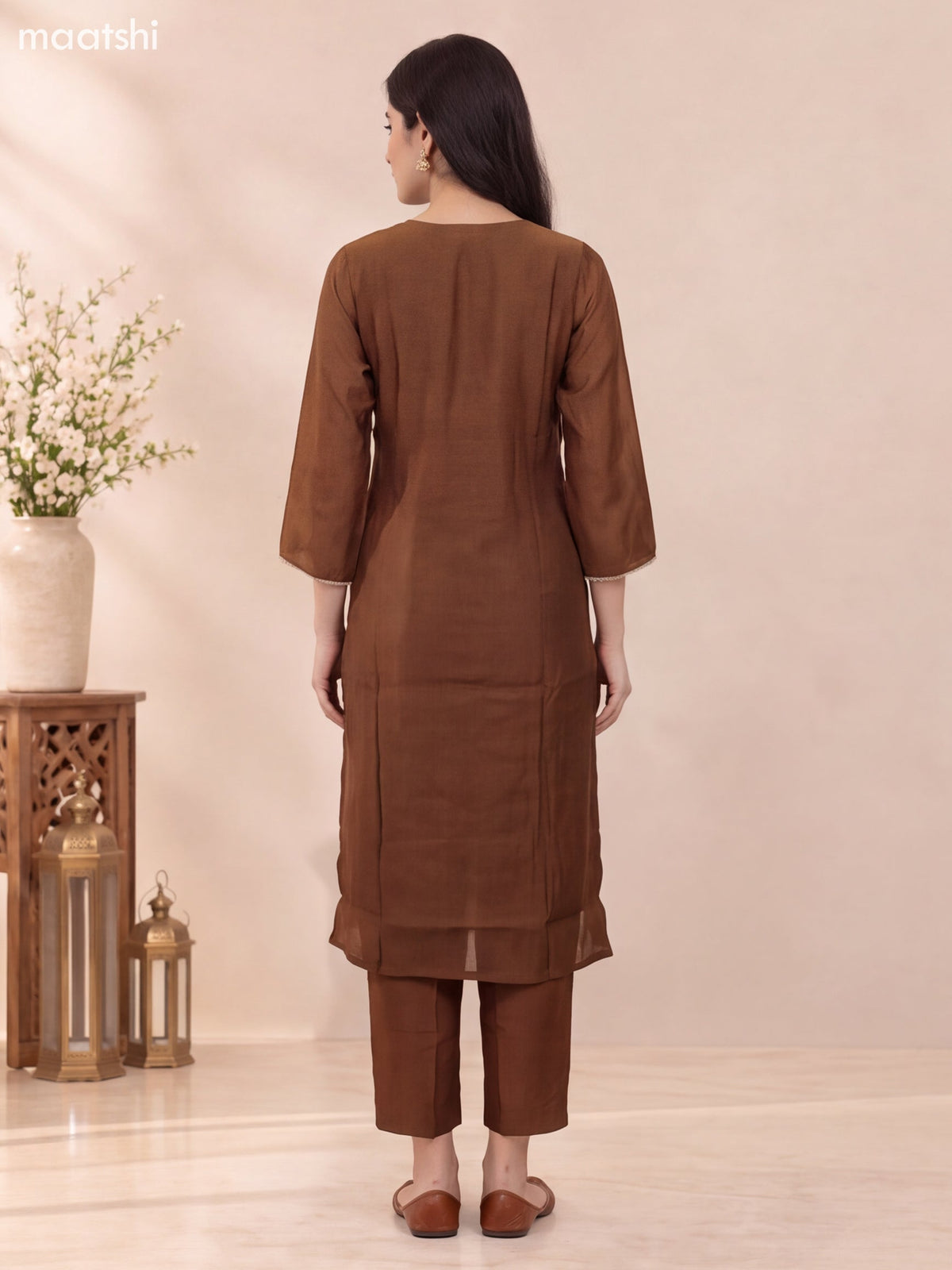 Brown Mul Chanderi Embroidery Work Straight Suit