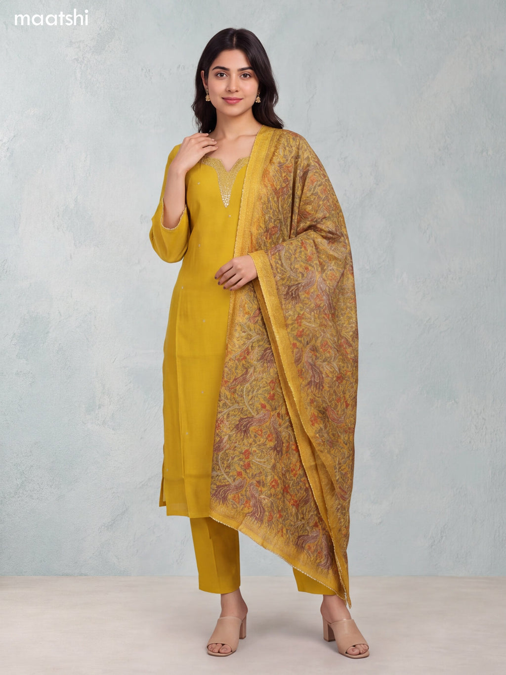 Mustard Yellow Mul Chanderi Embroidery Work Straight Suit