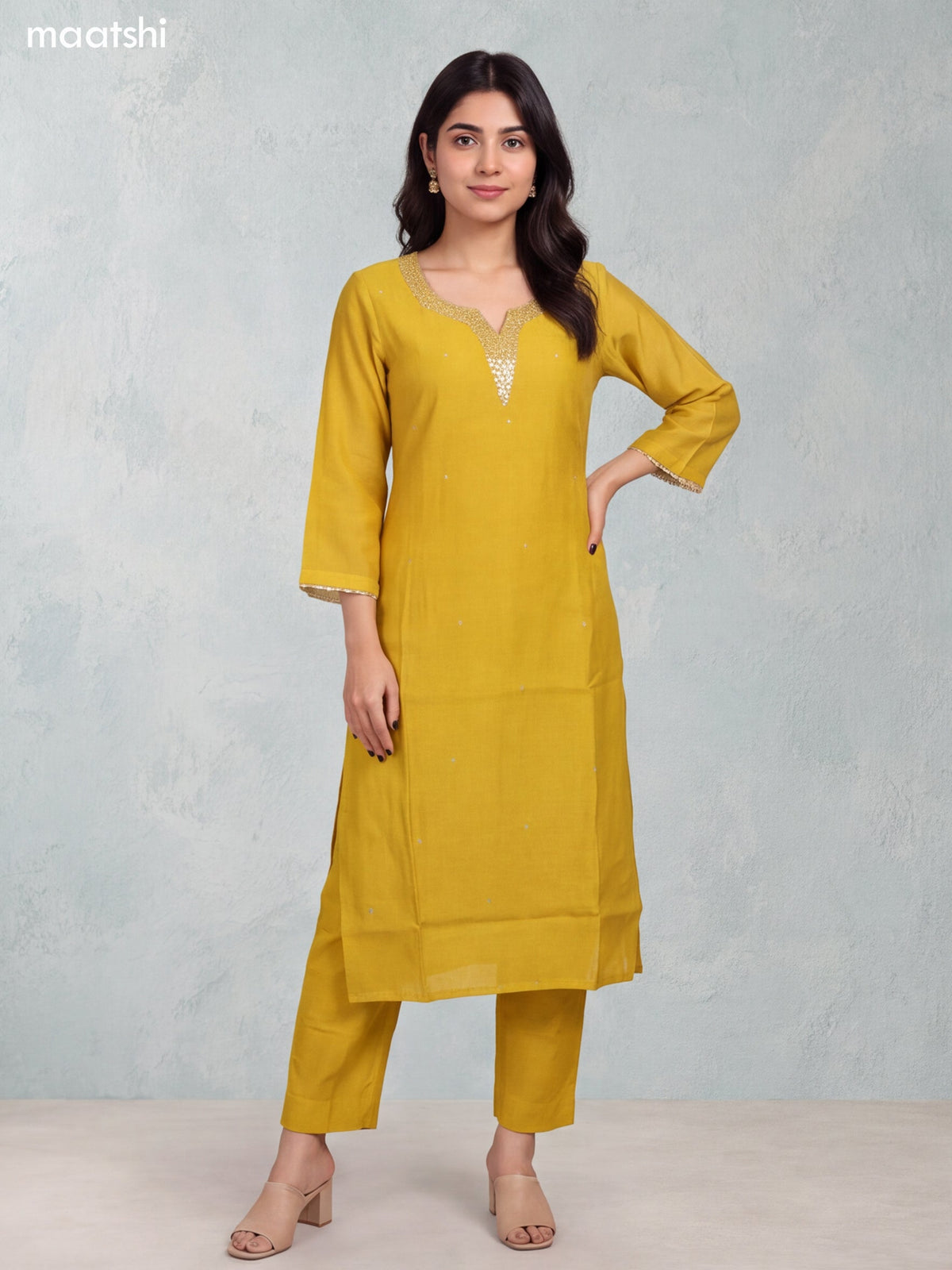 Mustard Yellow Mul Chanderi Embroidery Work Straight Suit