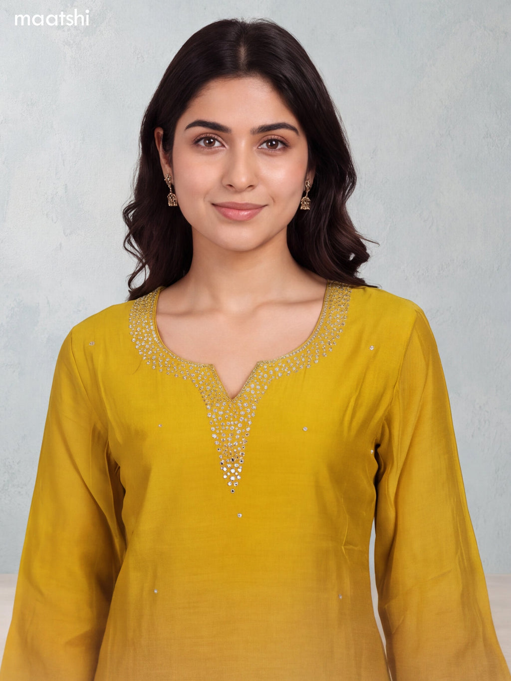 Mustard Yellow Mul Chanderi Embroidery Work Straight Suit