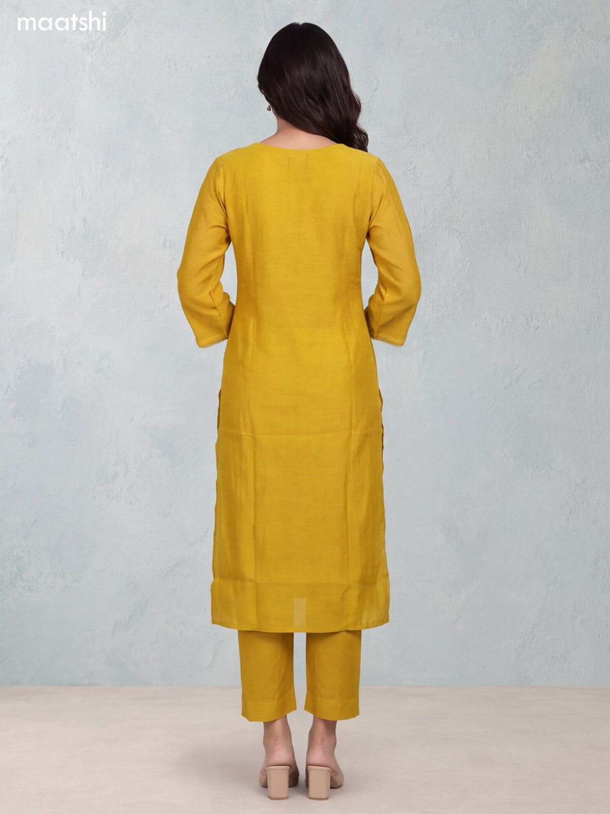 Mustard Yellow Mul Chanderi Embroidery Work Straight Suit