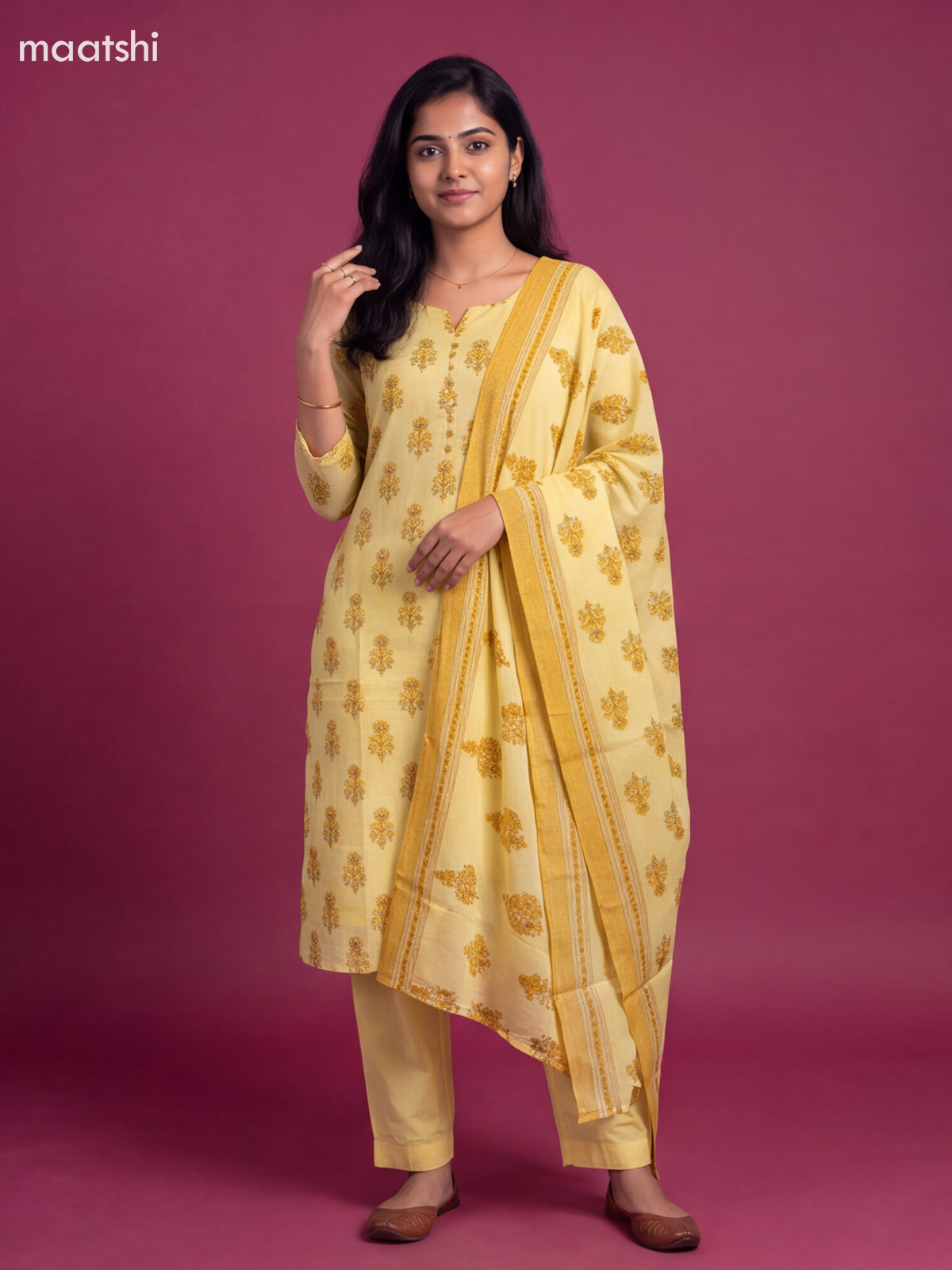 Pale Yellow Cotton Floral Printed Straight Suit