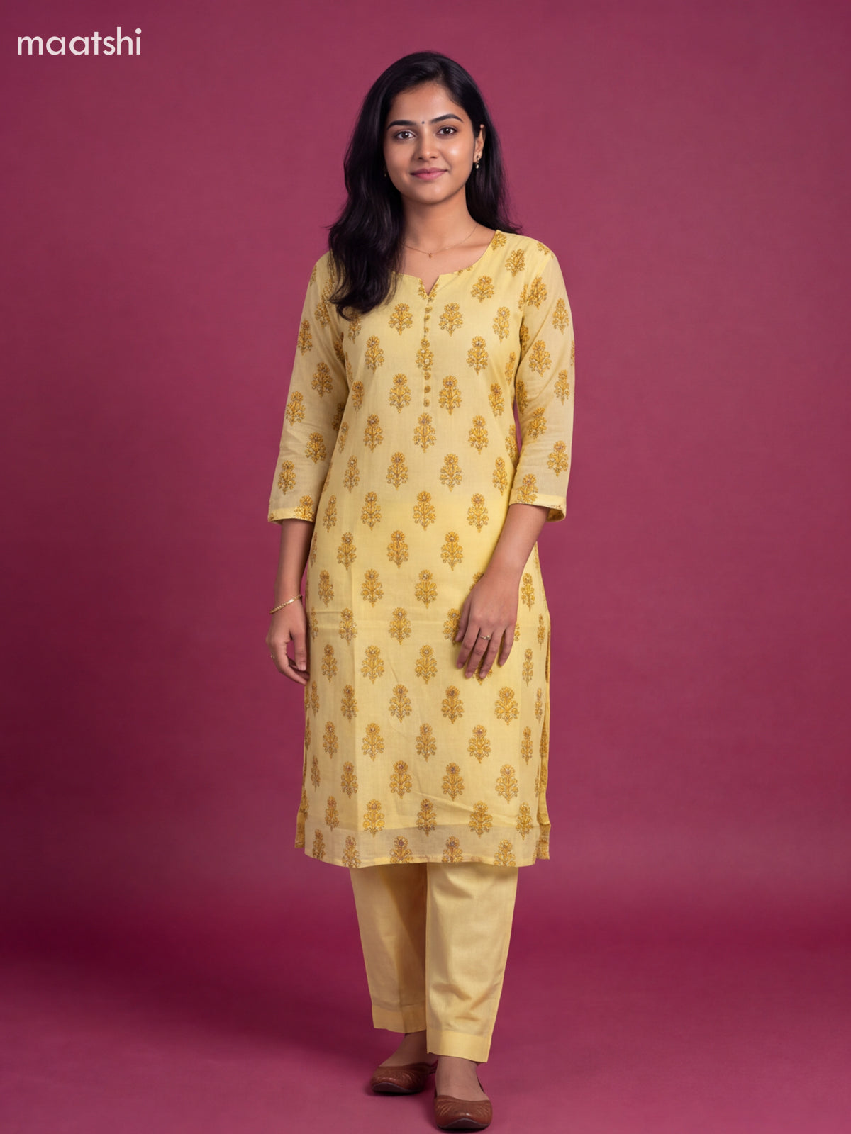 Pale Yellow Cotton Floral Printed Straight Suit