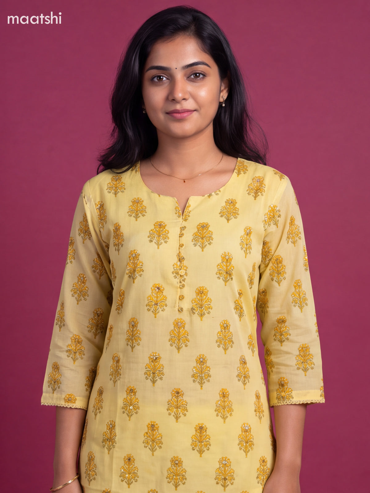 Pale Yellow Cotton Floral Printed Straight Suit