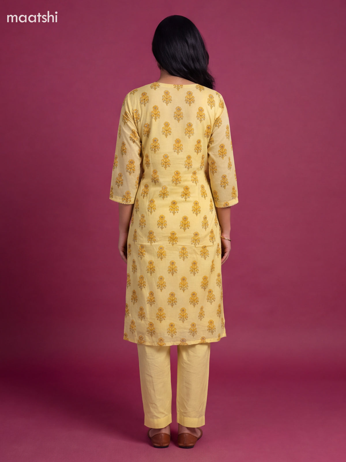 Pale Yellow Cotton Floral Printed Straight Suit