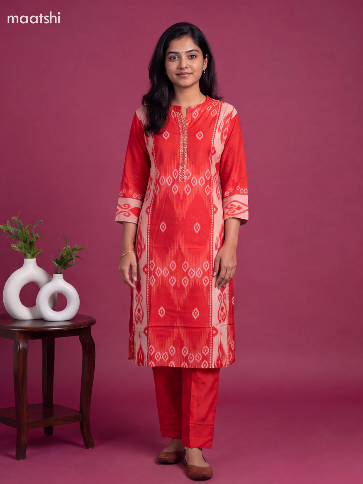 Red Muslin Printed & Embroidery Work Kurti Set