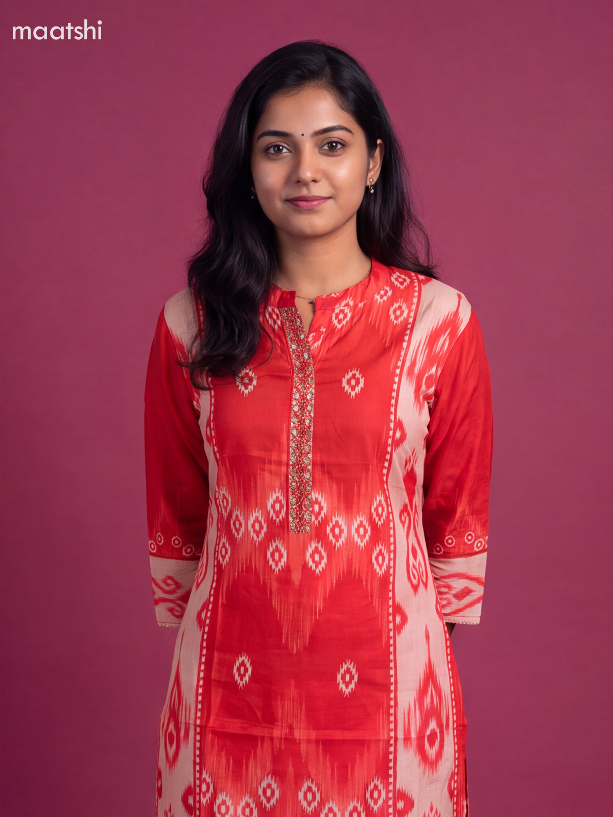Red Muslin Printed & Embroidery Work Kurti Set