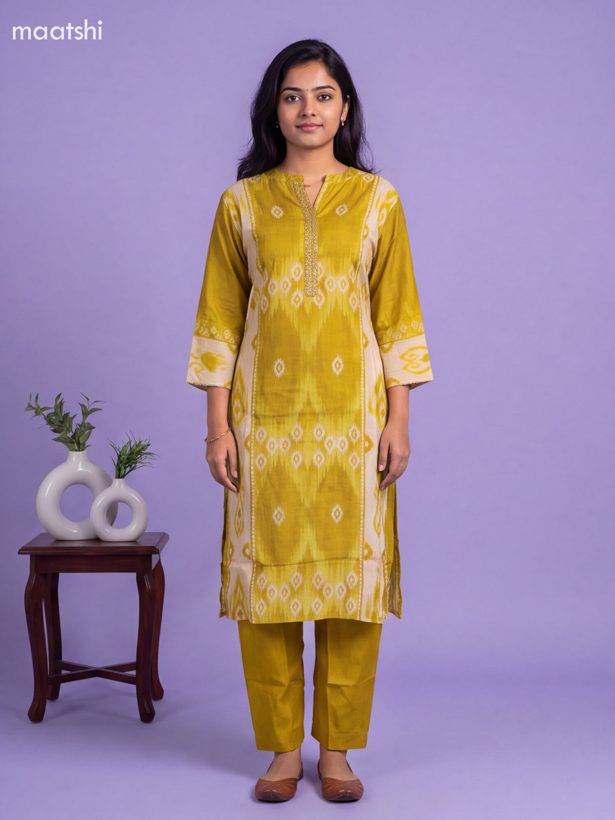 Lime Green Muslin Printed & Embroidery Work Kurti Set