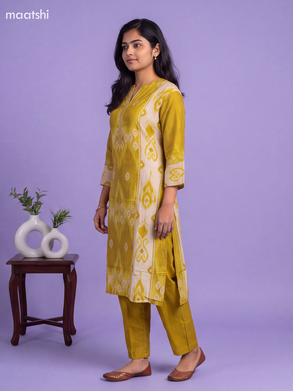 Lime Green Muslin Printed & Embroidery Work Kurti Set
