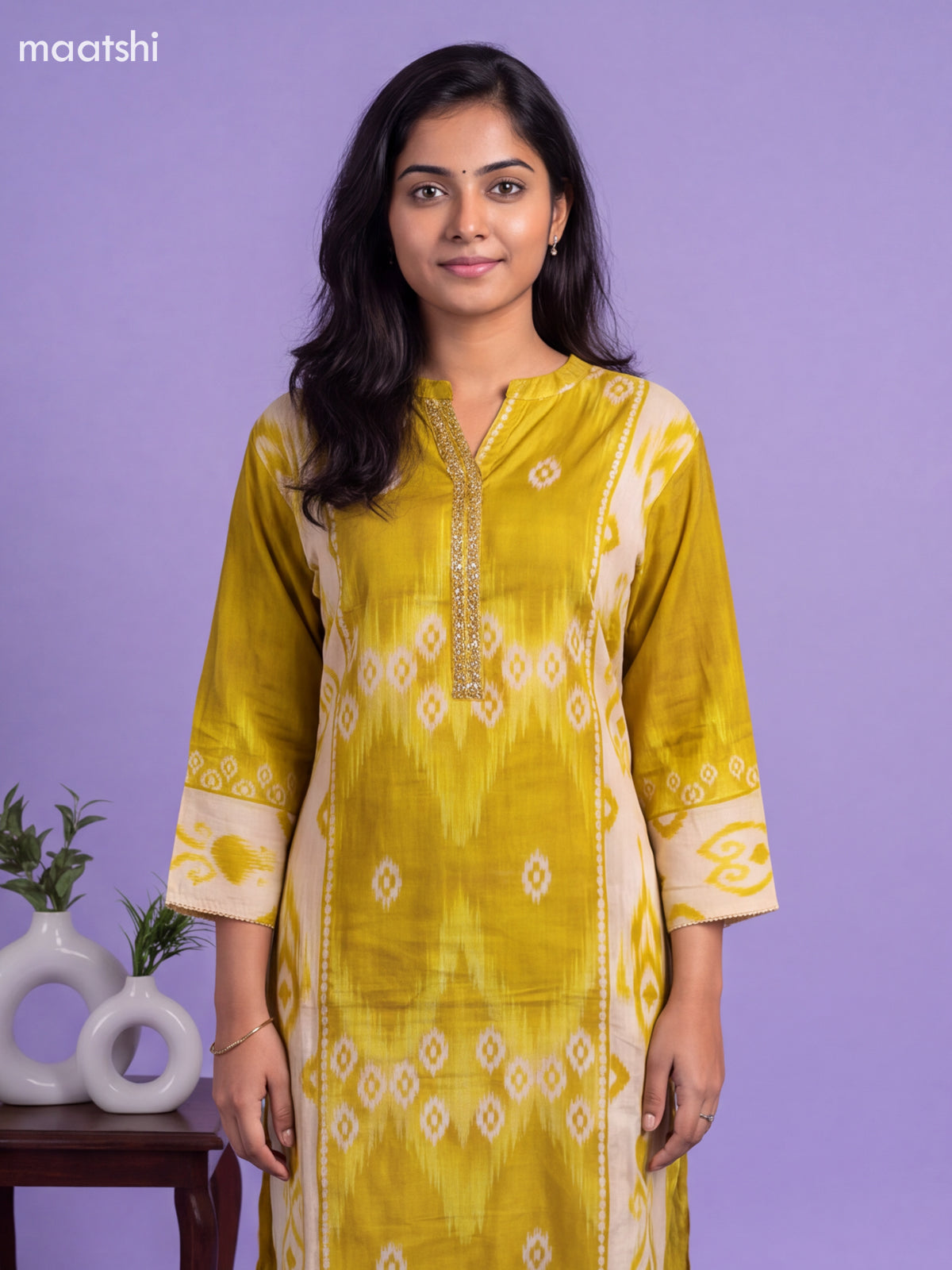 Lime Green Muslin Printed & Embroidery Work Kurti Set