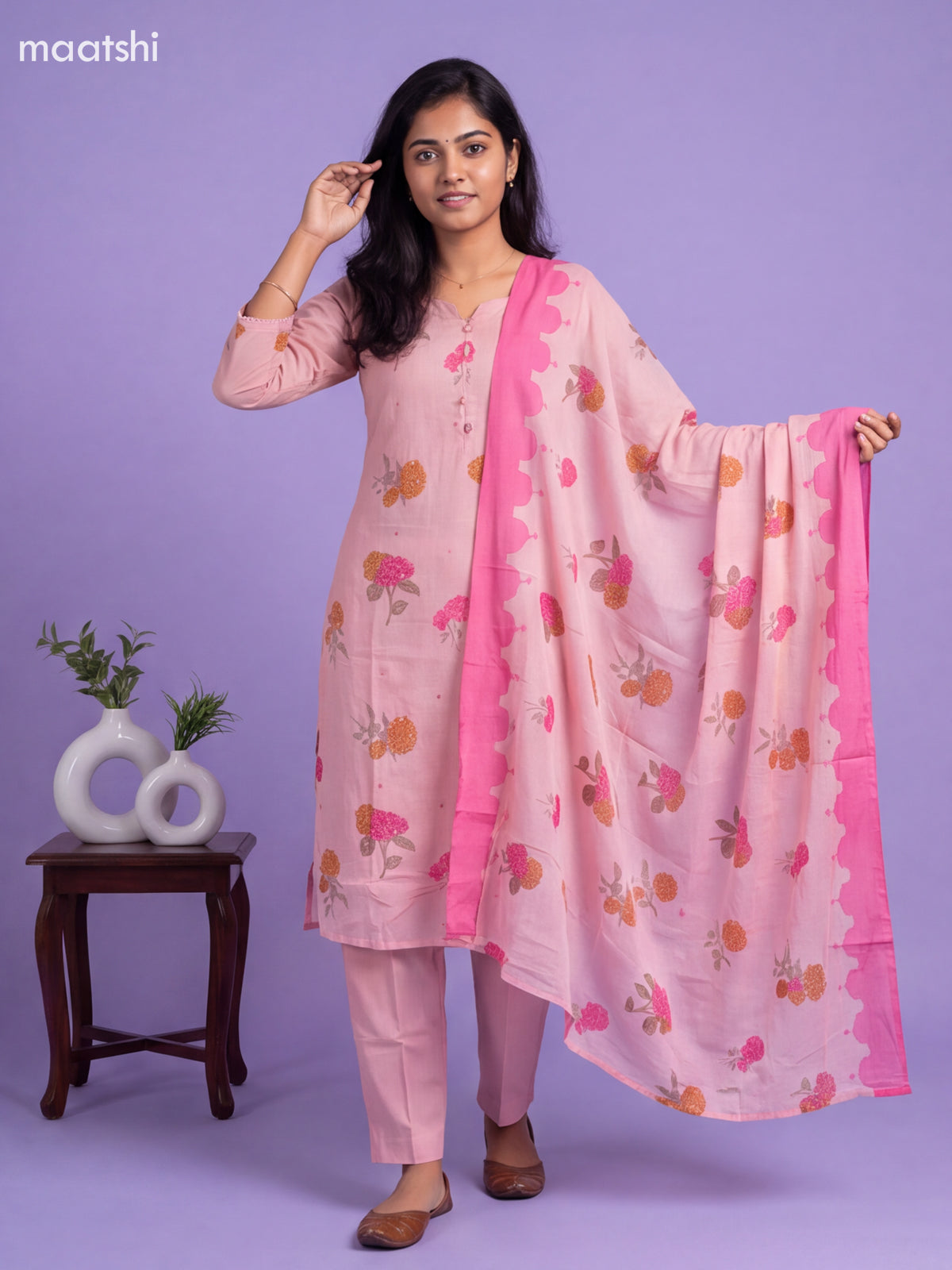 Pink Cotton Floral Printed Straight Suit