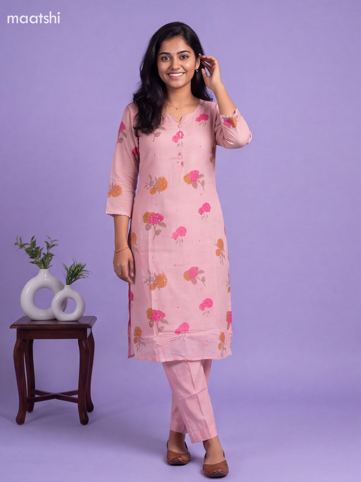 Pink Cotton Floral Printed Straight Suit