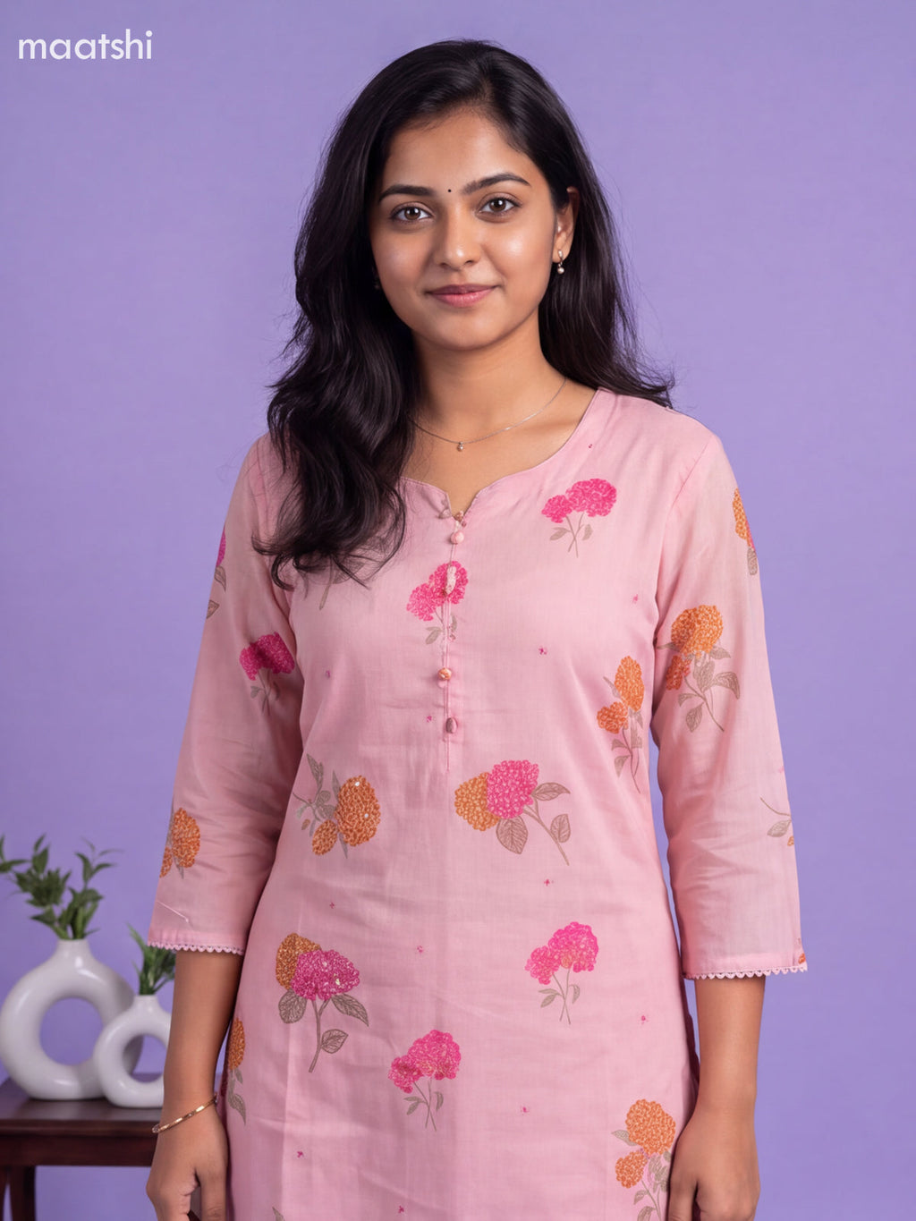 Pink Cotton Floral Printed Straight Suit