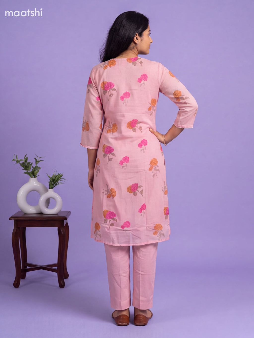 Pink Cotton Floral Printed Straight Suit