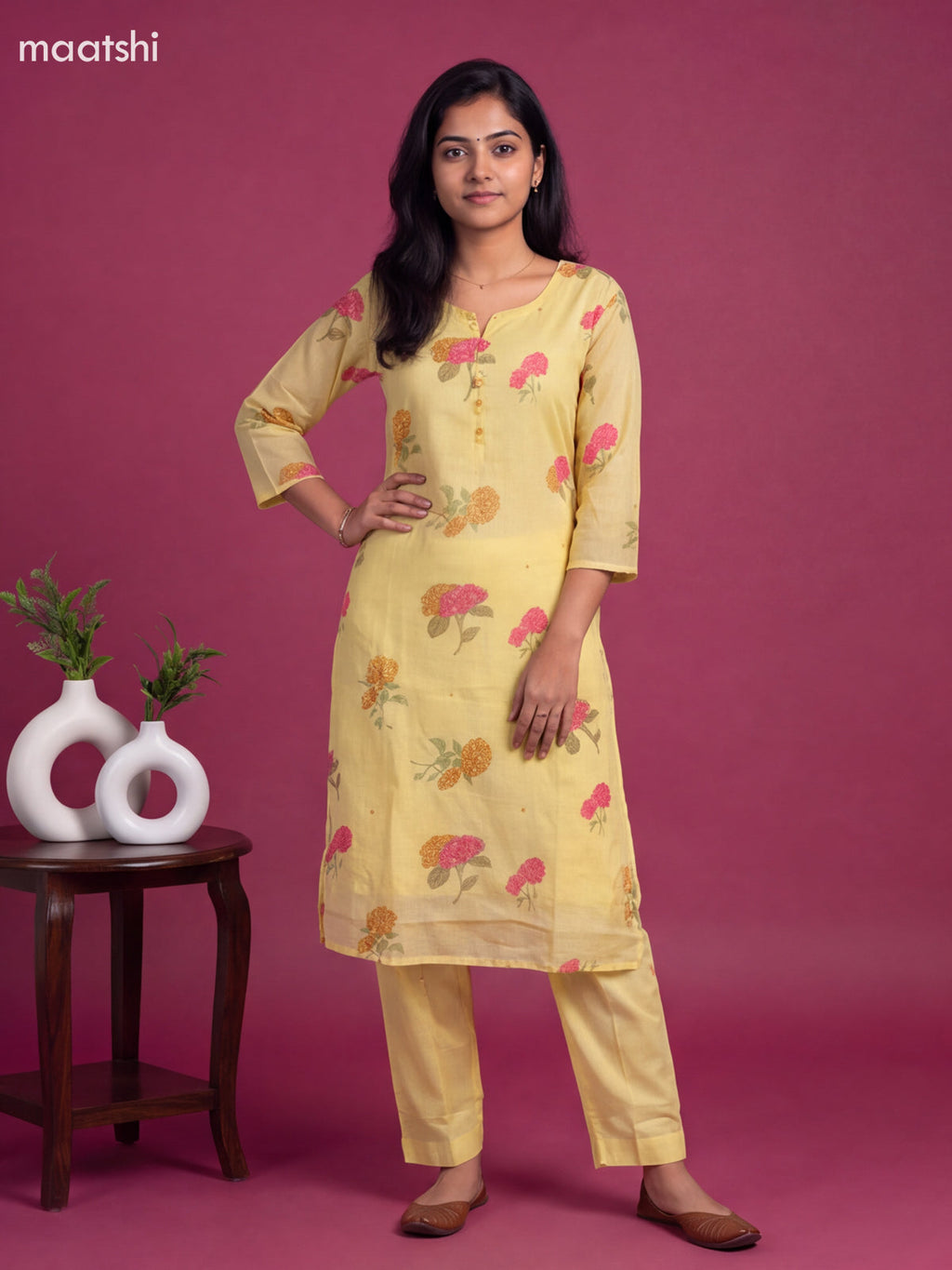 Pale Yellow Cotton Floral Printed Straight Suit