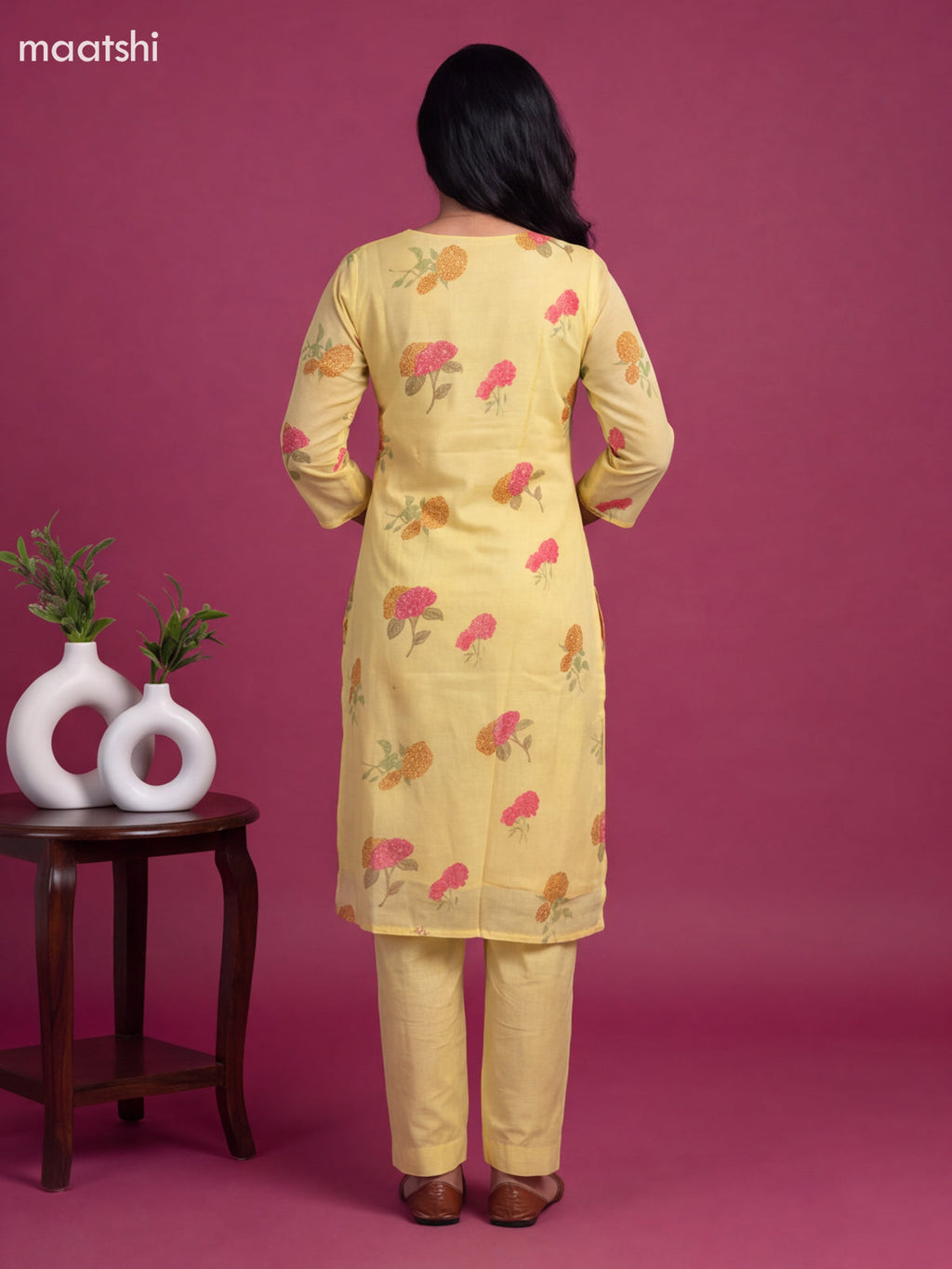 Pale Yellow Cotton Floral Printed Straight Suit