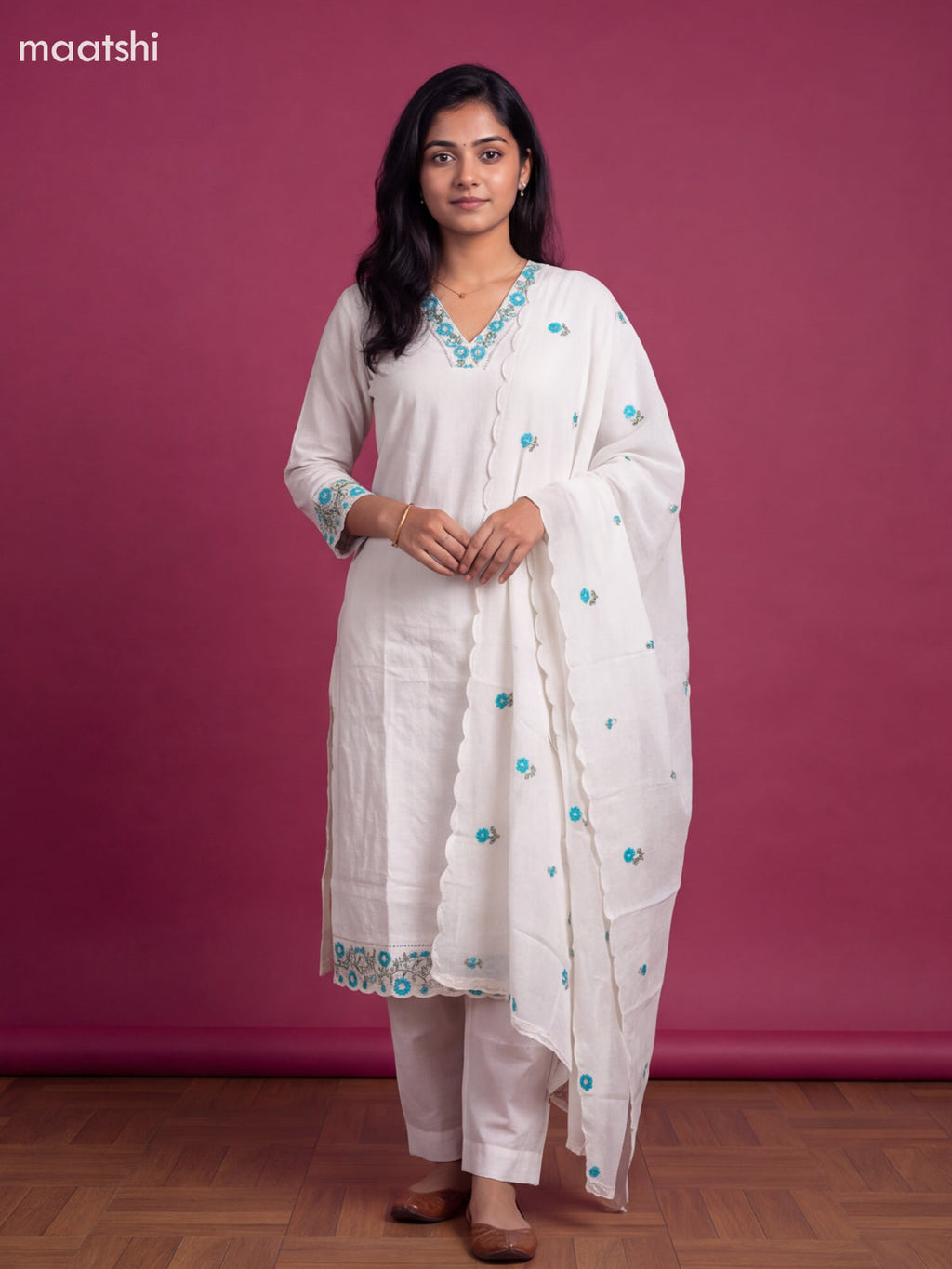White and Teal Cotton Floral Embroidery Work Straight Suit