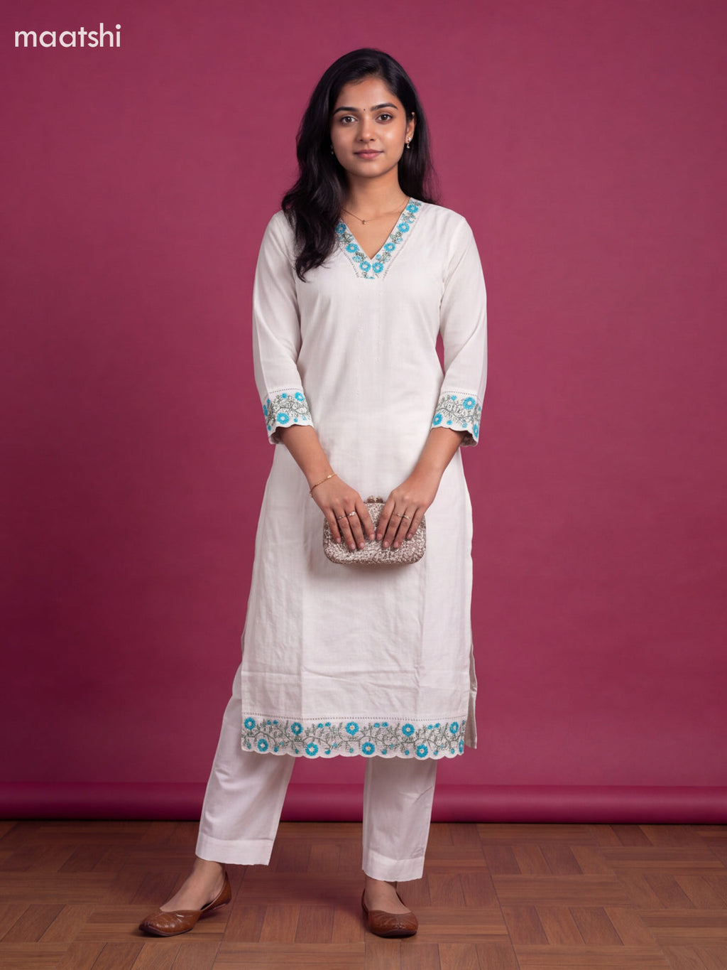 White and Teal Cotton Floral Embroidery Work Straight Suit