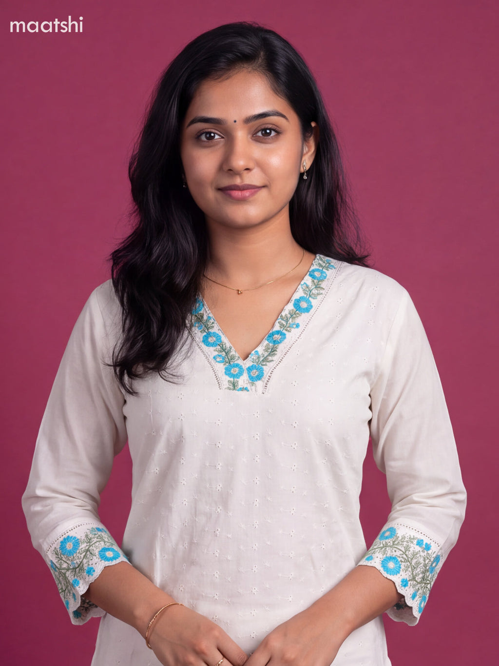 White and Teal Cotton Floral Embroidery Work Straight Suit