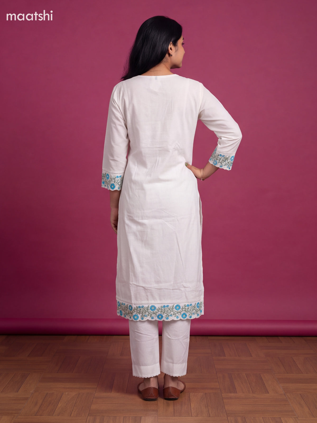 White and Teal Cotton Floral Embroidery Work Straight Suit