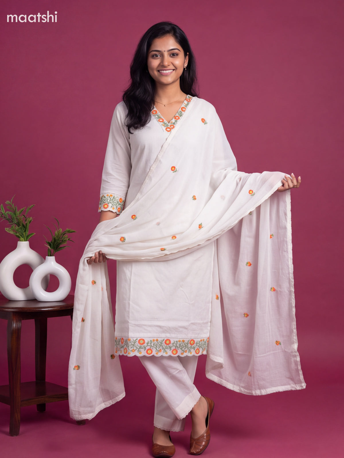 White and Dark Peach Cotton Floral Embroidery Work Straight Suit
