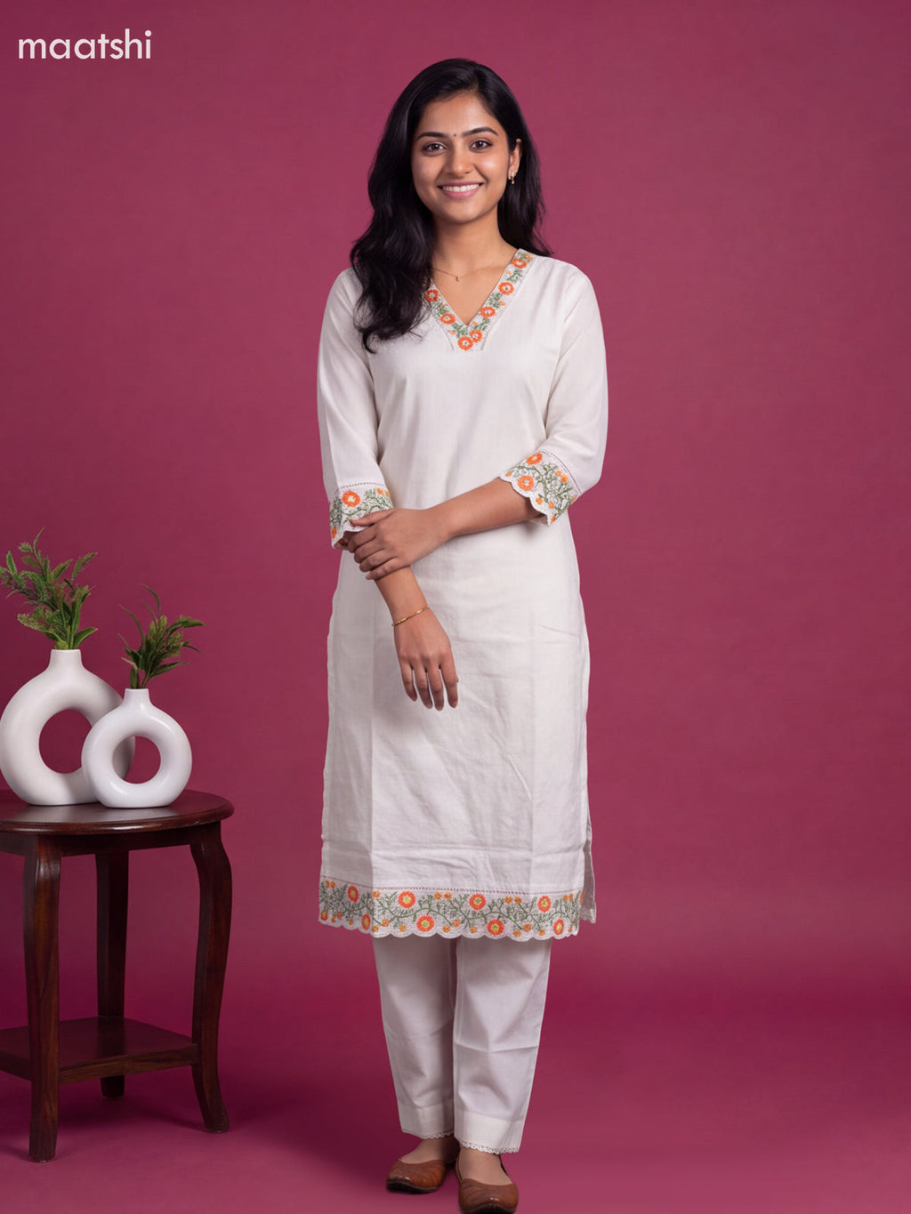 White and Dark Peach Cotton Floral Embroidery Work Straight Suit