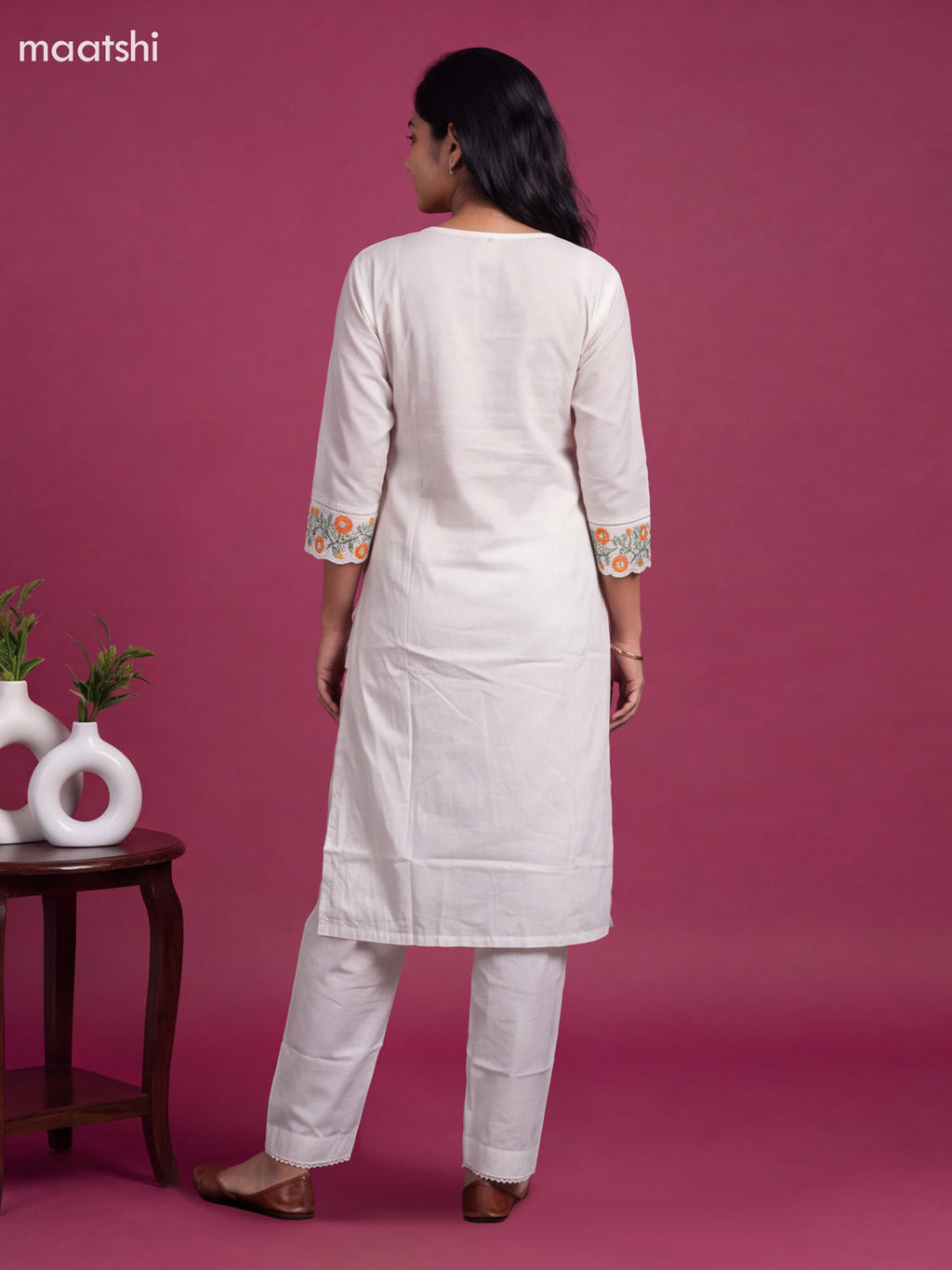 White and Dark Peach Cotton Floral Embroidery Work Straight Suit