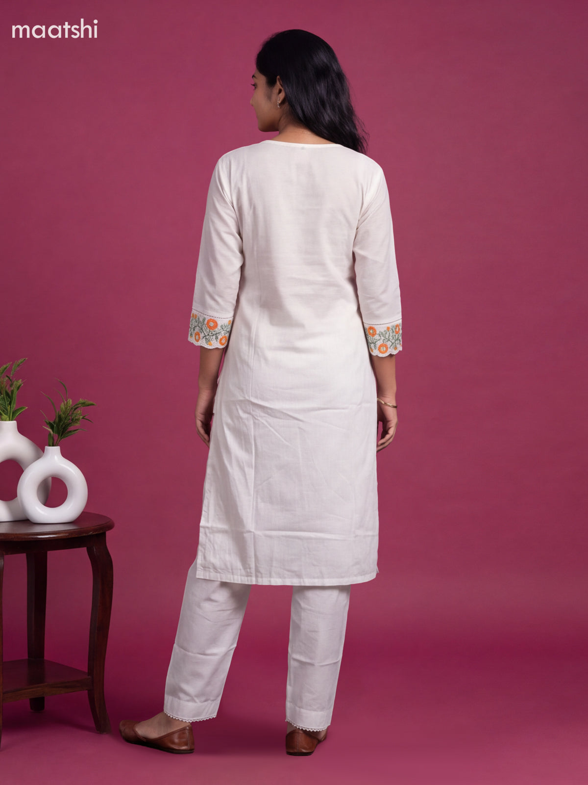 White and Dark Peach Cotton Floral Embroidery Work Straight Suit