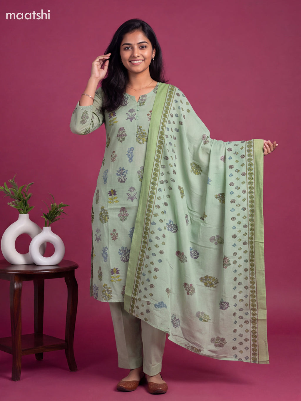 Light Green Cotton Floral Printed Straight Suit