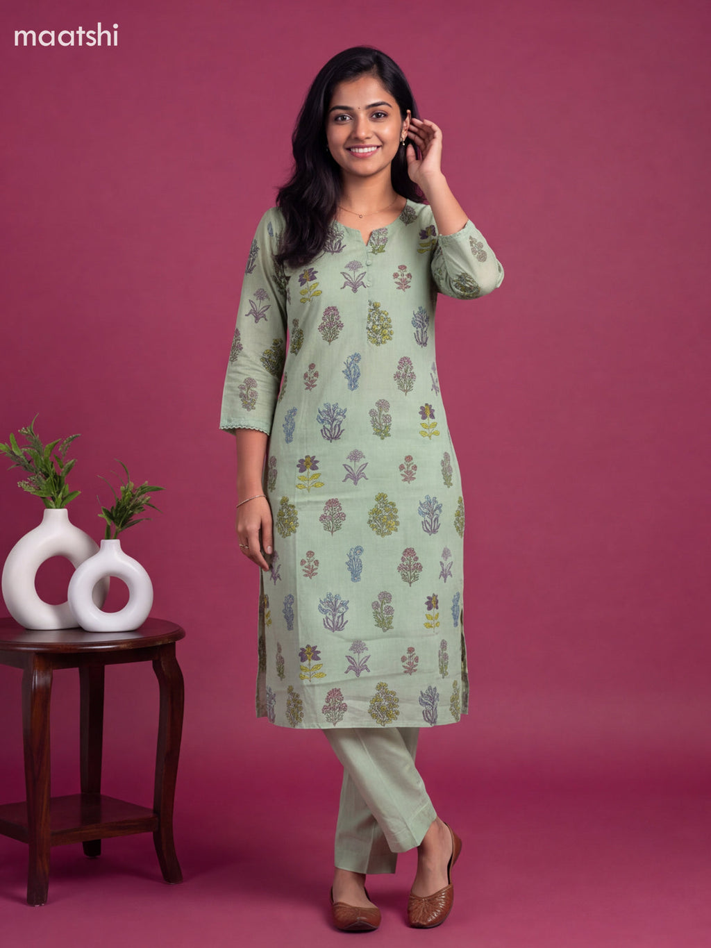 Light Green Cotton Floral Printed Straight Suit