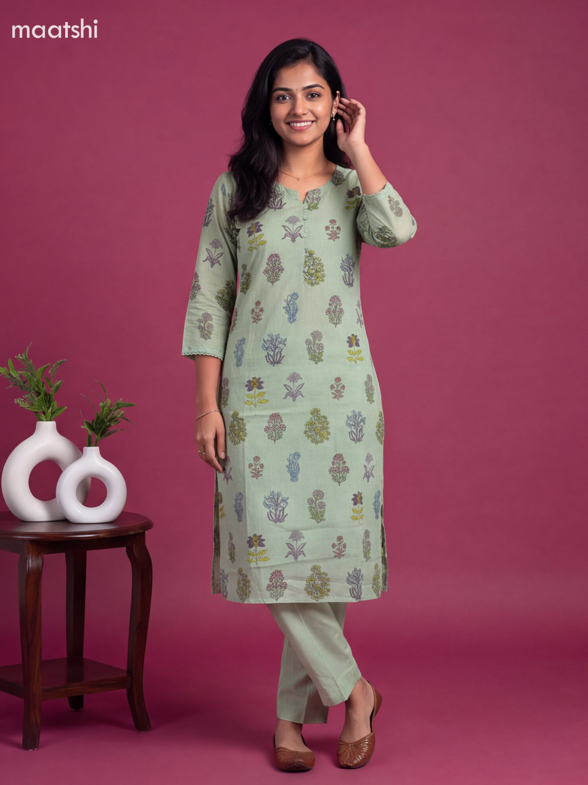 Light Green Cotton Floral Printed Straight Suit