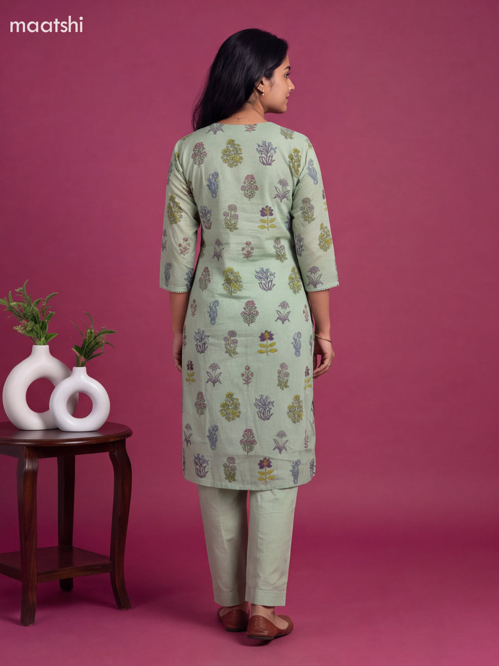 Light Green Cotton Floral Printed Straight Suit