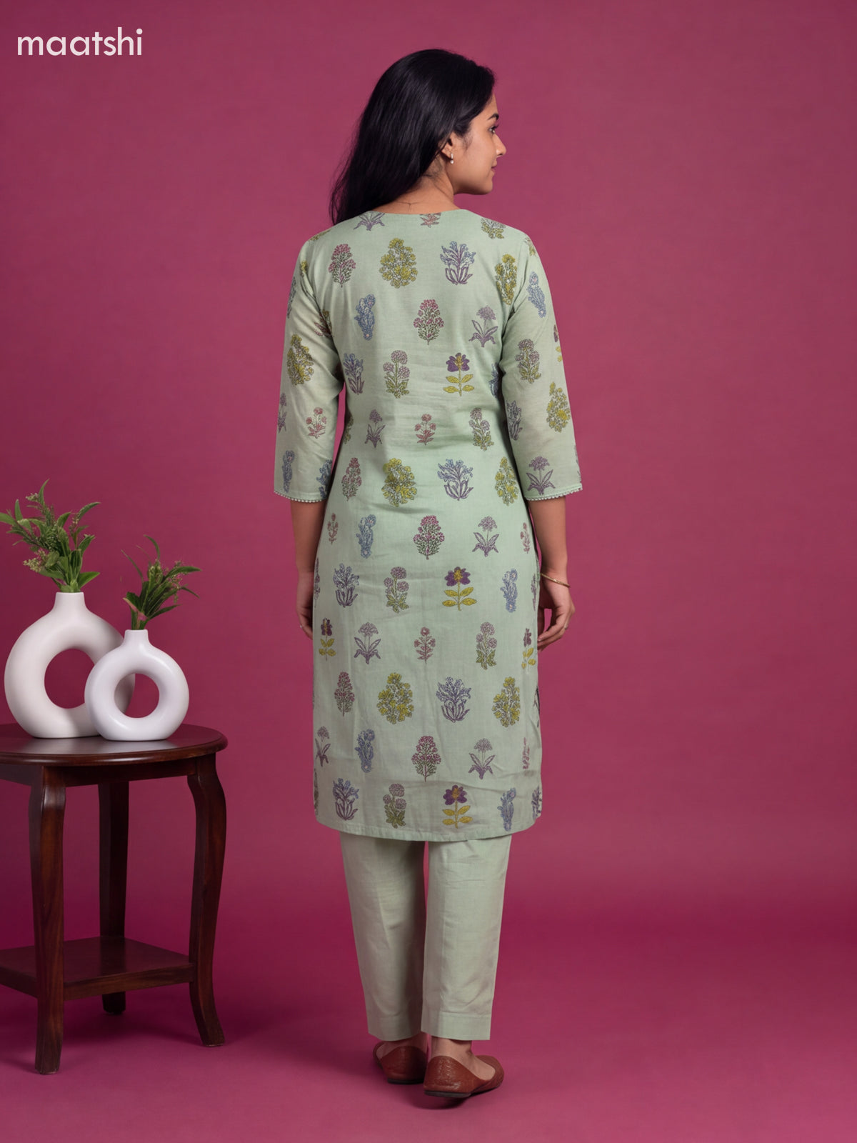 Light Green Cotton Floral Printed Straight Suit